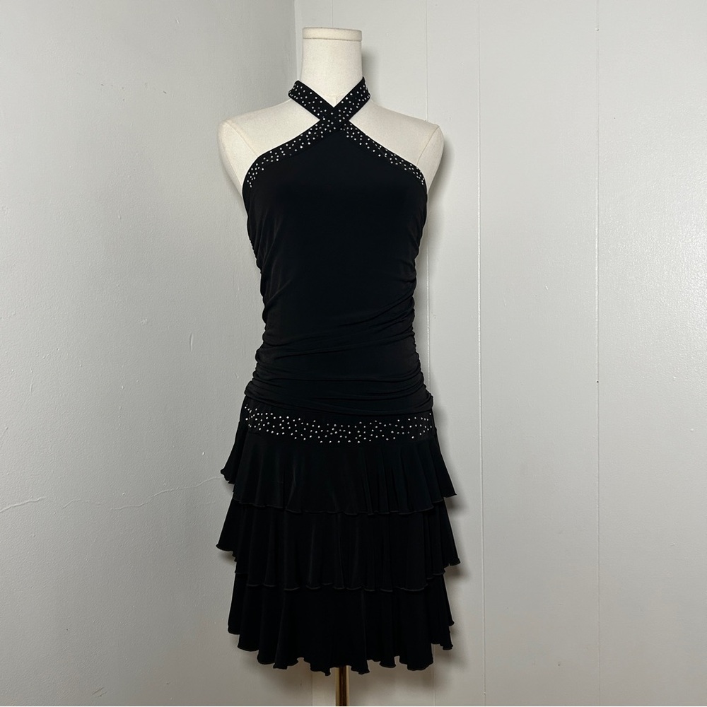 Vintage Byerwear halter dress sparkly beaded straps drop waist ruffled skirt